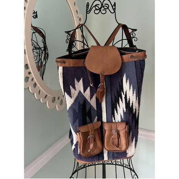 Handwoven Indigo Jacquard Bag‎ Backpack Purple Blanket Wool Leather